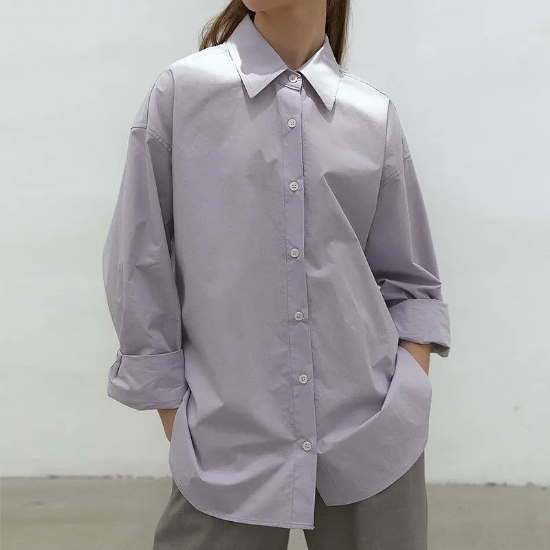 100% Cotton Loose Solid Color Basic Shirt For Women Spring 2026 Elegant Office Ladies Lapel Collared Cardigan Long-Sleeve Shirts