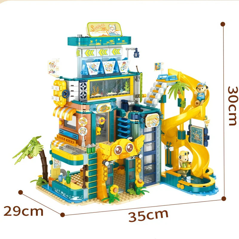 New Sunshine Park Summer Seaside Vacation Street Scene Building Block Set, a multi-story modular building block model of a surf