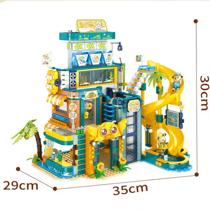 New Sunshine Park Summer Seaside Vacation Street Scene Building Block Set, a multi-story modular building block model of a surf