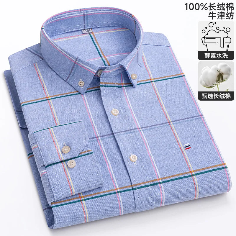 100% Cotton Oxford Casual Shirts For Men Long Sleeved Plaid Striped Soft Regular Fit Formal Single Pocket Social Fashion Blouses