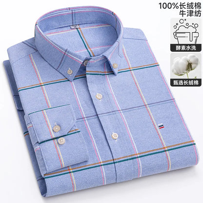 100% Cotton Oxford Casual Shirts For Men Long Sleeved Plaid Striped Soft Regular Fit Formal Single Pocket Social Fashion Blouses