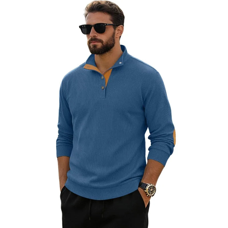 Men‘s Corduroy Button Up Pullover Stand Collar Contrast Elbow Patch Casual Top 2026