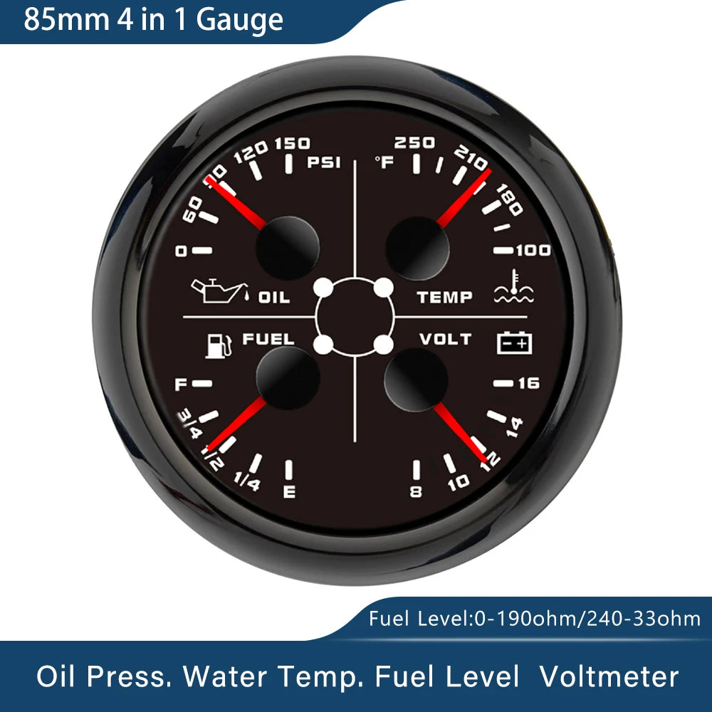 ELING Waterproof 85mm 4 in 1 Gauge Oil Pressure Water Temp Fuel Level Voltmeter with Light Alarm for Car Boat Yacht