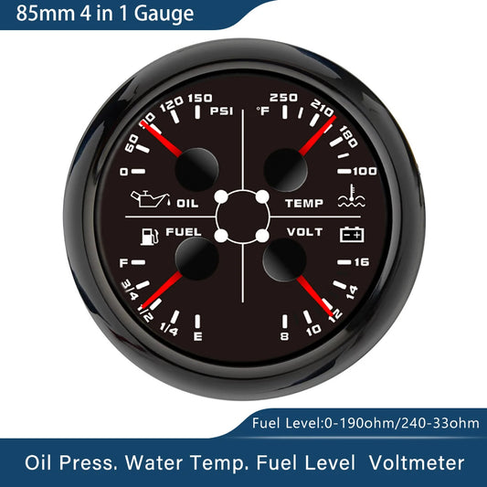 ELING Waterproof 85mm 4 in 1 Gauge Oil Pressure Water Temp Fuel Level Voltmeter with Light Alarm for Car Boat Yacht