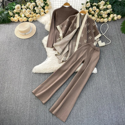 Faionable Knitted Tee-Piece Set Women's Loose Fit Autumn Winter Cardigan Embroidered Letter Sweatirt Wide Leg Pants