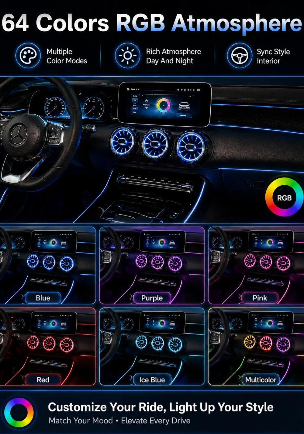 Car Ambient Light For Mercedes Benz C Class W205 W206 W253 Air Vent LED RGB Car Interior Atmosphere Light Interior Upgrade Kit