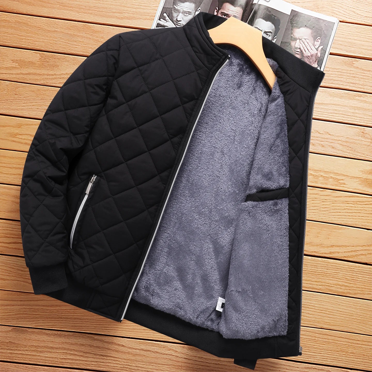 Men's Winter Thickened Fleece Lined Cotton Jacket Casual Stand Collar Long Sleeve Zipper Closure  Color Warm Outerwear