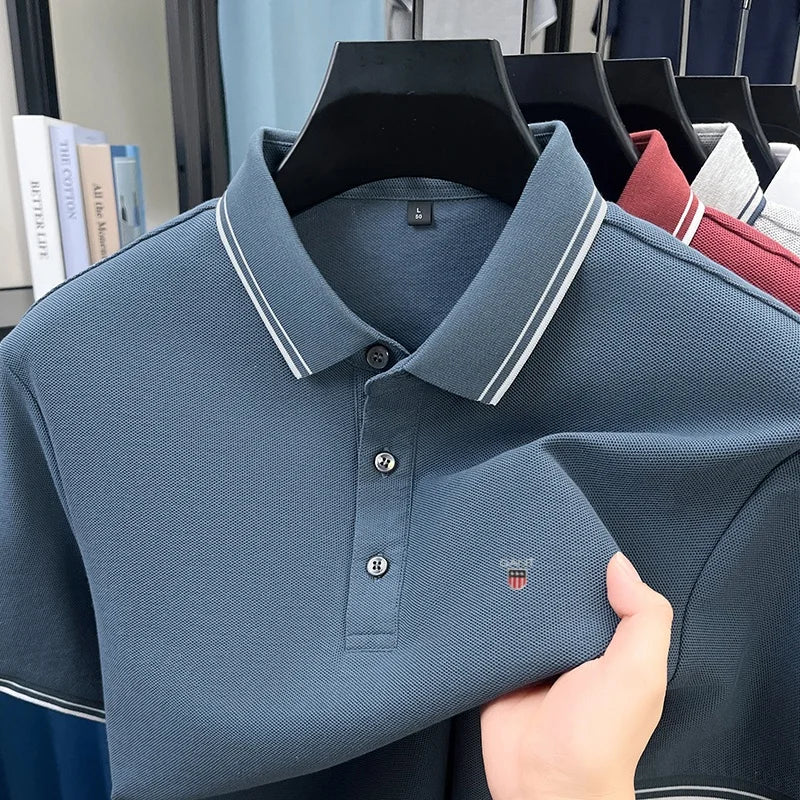 Summer men's exquisite embroidered short-sleeved POLO shirt 100% cotton breathable striped lapel daily business casual T-shirt