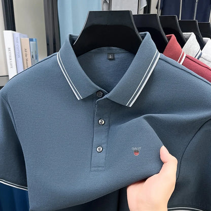 Summer men's exquisite embroidered short-sleeved POLO shirt 100% cotton breathable striped lapel daily business casual T-shirt