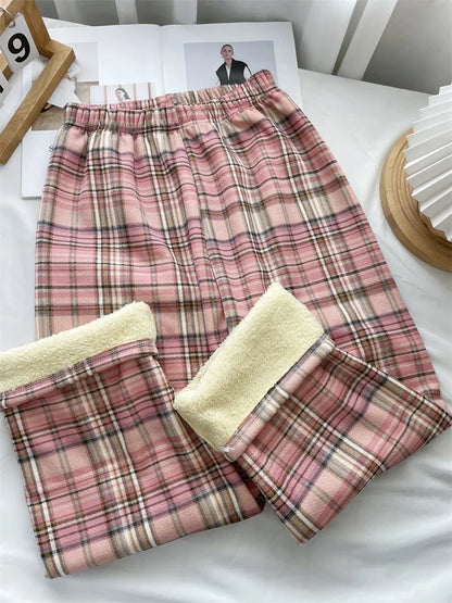 Shearling Lined Plaid Pants Women Winter High Waist Flared Trousers Straight Leg Warm Fleece Thermal Bottoms for Women Casual
