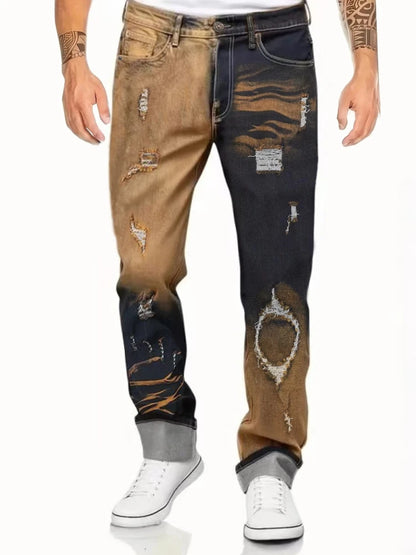 Men Two-Tone Gradient Distressed Jeans Black Yellow Wash Ripped Slim Straight Denim Pants Streetwear Hip Hop Patchwork Trousers