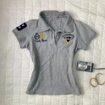 Retro American Grey  Collar Short Sleeve Slim Fit Waist Cinched T-Shirt Women Summer New Style Vintage Vintage Vintage