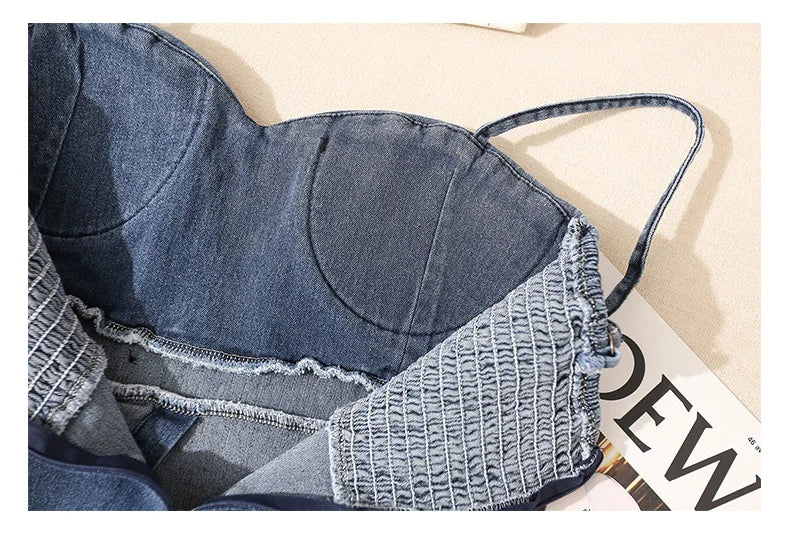Irregular Halter Neck Denim Crop Top Women Summer Outdoor Wear with Chest Pad Slimming Sexy Girl Shirt Short Length Zipper