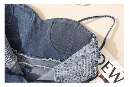 Irregular Halter Neck Denim Crop Top Women Summer Outdoor Wear with Chest Pad Slimming Sexy Girl Shirt Short Length Zipper