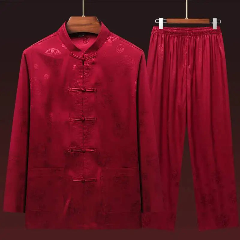 Men's Long Sleeve Ice Silk Tai Chi Suit Traditional Chinese Hanfu Vintage Style Tang Costume Elderly Fashion Dad's Clothing