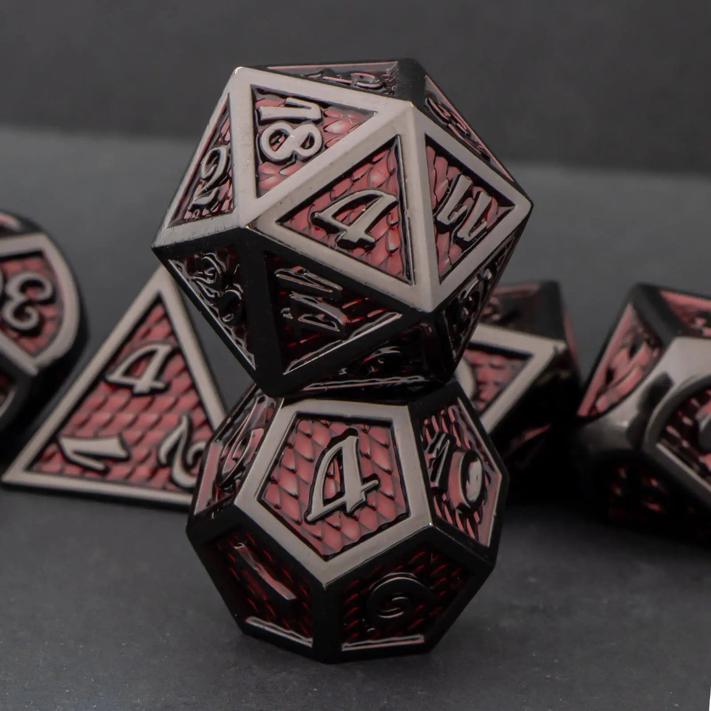 DND Metal Dice Set Black Red Dungeon and Dragon scale Dice D&D Polyhedral Dice RPG D and D Role Playing Games Dice