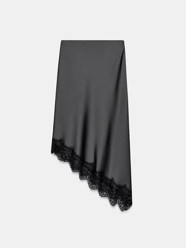 Winter New Arrival Women's Simple Versatile Mid-Waist Lace Trim Silk Satin Skirt Elegant Ethnic Stage Costume