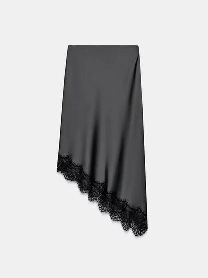 Winter New Arrival Women's Simple Versatile Mid-Waist Lace Trim Silk Satin Skirt Elegant Ethnic Stage Costume