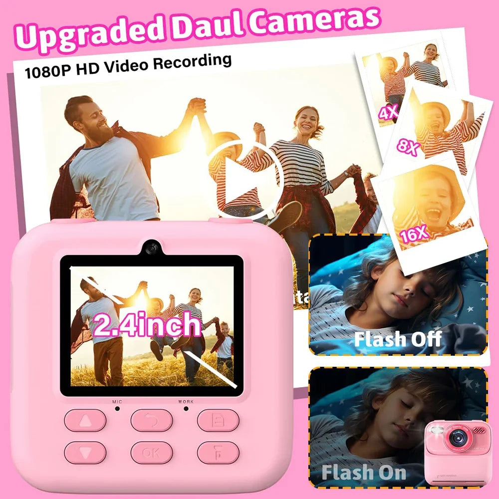 Upgrade Kids Camera Instant 1080P HD Dual Lens Selfie Digital Camera for Girls Boys Christmas Birthday Gifts Toys With 32G Print