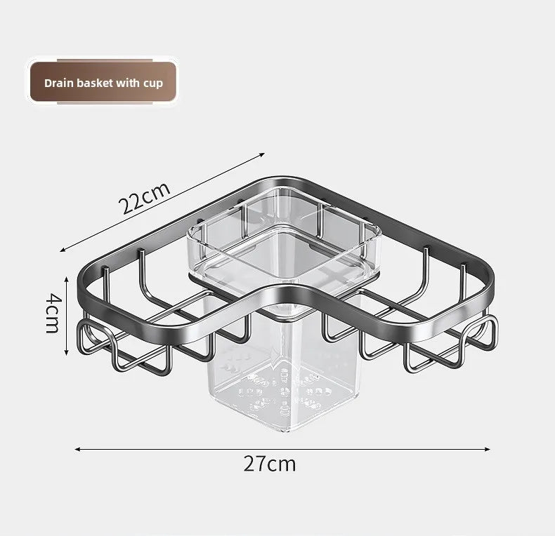 Kitchen Carbon Steel Sink Drain Rack No-Punching Wall Mounted Corner Dishcloth Storage Rack Waterproof Space Saving