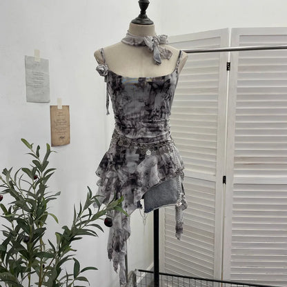 Women's Vintage Tie-dye Printed Mesh Spaghetti Strap Camisole Hot Girl Irregular Ruffled Ribbon Sleeveless Top Partyclub 1185