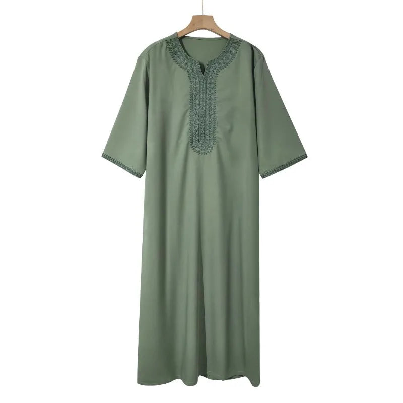 2026 Men's Moroccan Embroidered V-neck Robe Muslim Fashion Abayas with Side Pockets Arab Islamic Clothing Robe Eid Ramadan Dress