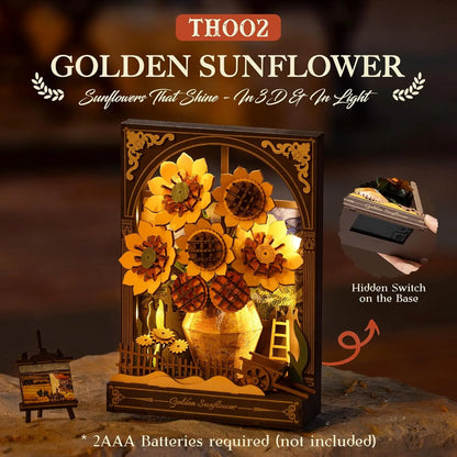 Rolife Glittering Water Lily 3d Wooden Puzzle Golden Sunflower with LED Light Flower Model Kits Tabletop Display Wall Art TH00