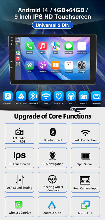 ESSGOO 7"/9"/10“ 2 DIN Android 14 4+64G Car Stereo Carplay Android Auto GPS Navi Bluetooth FM RDS Radio WIFI Touchscreen ChatGPT