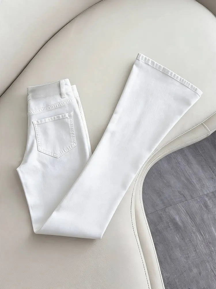 White Slim Fit Straight Leg Jeans Men's American High Street Style Micro Flared Pants Youth Casual Wear All Seasons