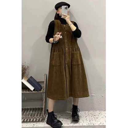 Retro Korean Style Corduroy Dress with Pockets Autumn Winter Loose Slimming Long Dress for Women Casual A-Line Skirt