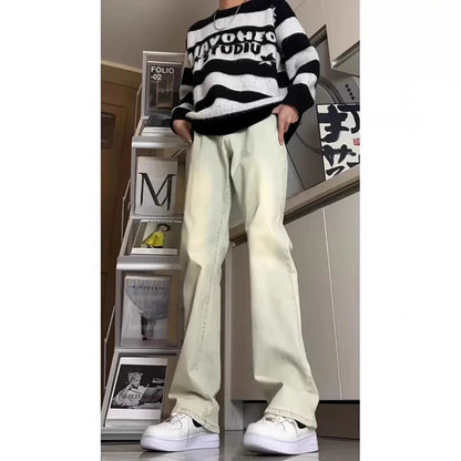 Men's Y2K Flare Jeans Vintage Washed Straight Leg Denim Pants Stacked Long Trousers Streetwear Loose Fit Bottoms
