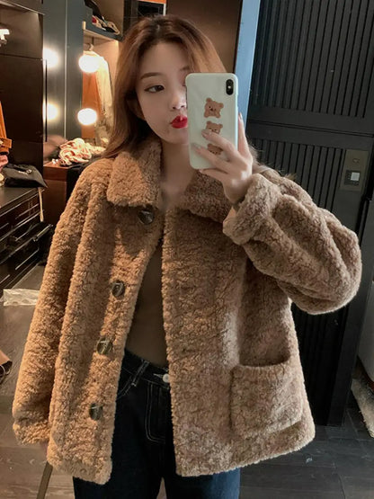 Lamb Fur Hoodie Jacket Women's Short Loose Style Korean Version Student Versatile Trendy Cardigan Top for Autumn Winter