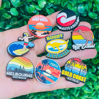6-100pcs Happy Australia Day New Zealand Gold Coast Kangaroo Surfing PVC Shoe Charms For Clogs Pins Sandals Shoes Decoration