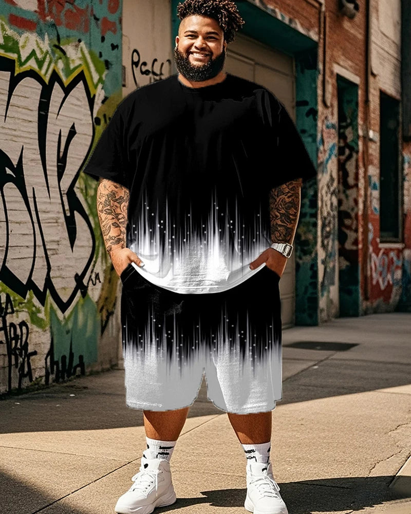 S-9XL Plus Size Men's  Astronaut Puzzle, Split Color & Gradient Drip Print T-Shirt & Shorts Set, Casual Streetwear Outfit