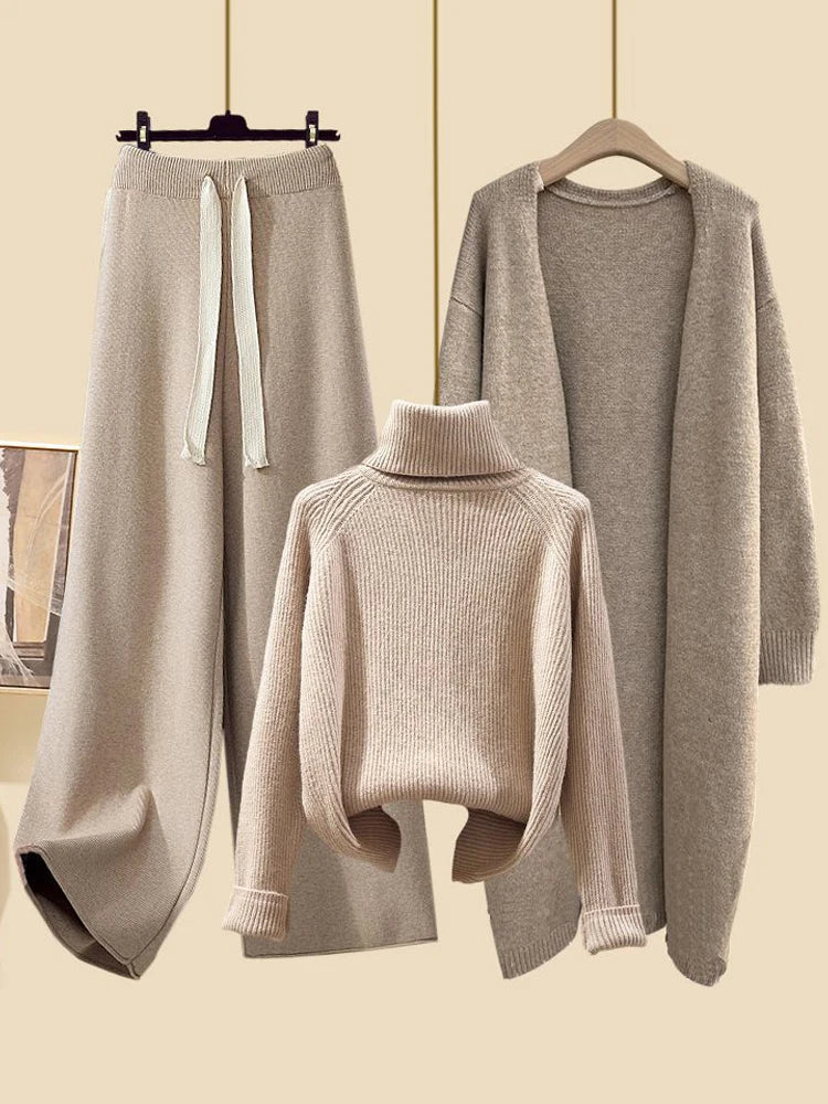Fashionable Knitted Three-Piece Set Women's Autumn New Lazy Style Open Cardigan Outerwear Slimming Wide Leg Pants