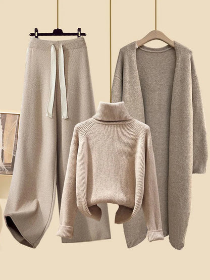 Fashionable Knitted Three-Piece Set Women's Autumn New Lazy Style Open Cardigan Outerwear Slimming Wide Leg Pants