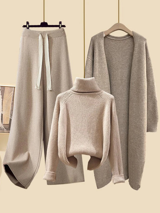 Fashionable Knitted Three-Piece Set Women's Autumn New Lazy Style Open Cardigan Outerwear Slimming Wide Leg Pants