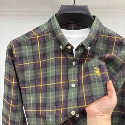 Embroidered Cotton Long Sleeved Shirt for Men in Spring and Autumn, New Plaid Shirt for Casual and Loose Fit, Business Men