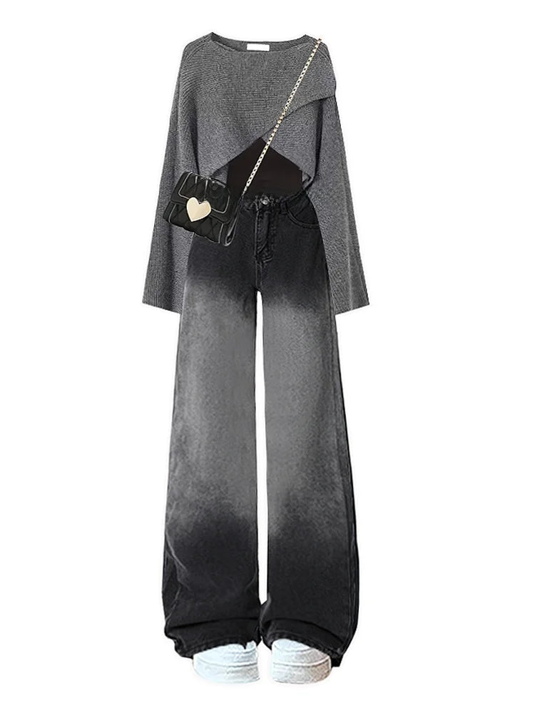 Loose Knitted Sweater High Waist Wide Leg Pants Three Piece Set Women's Denim Casual Style Autumn Winter Fashion Ensemble