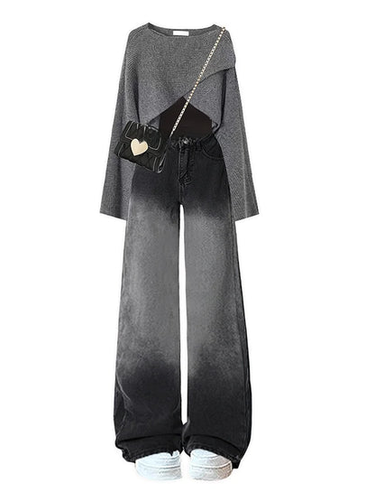 Loose Knitted Sweater High Waist Wide Leg Pants Three Piece Set Women's Denim Casual Style Autumn Winter Fashion Ensemble
