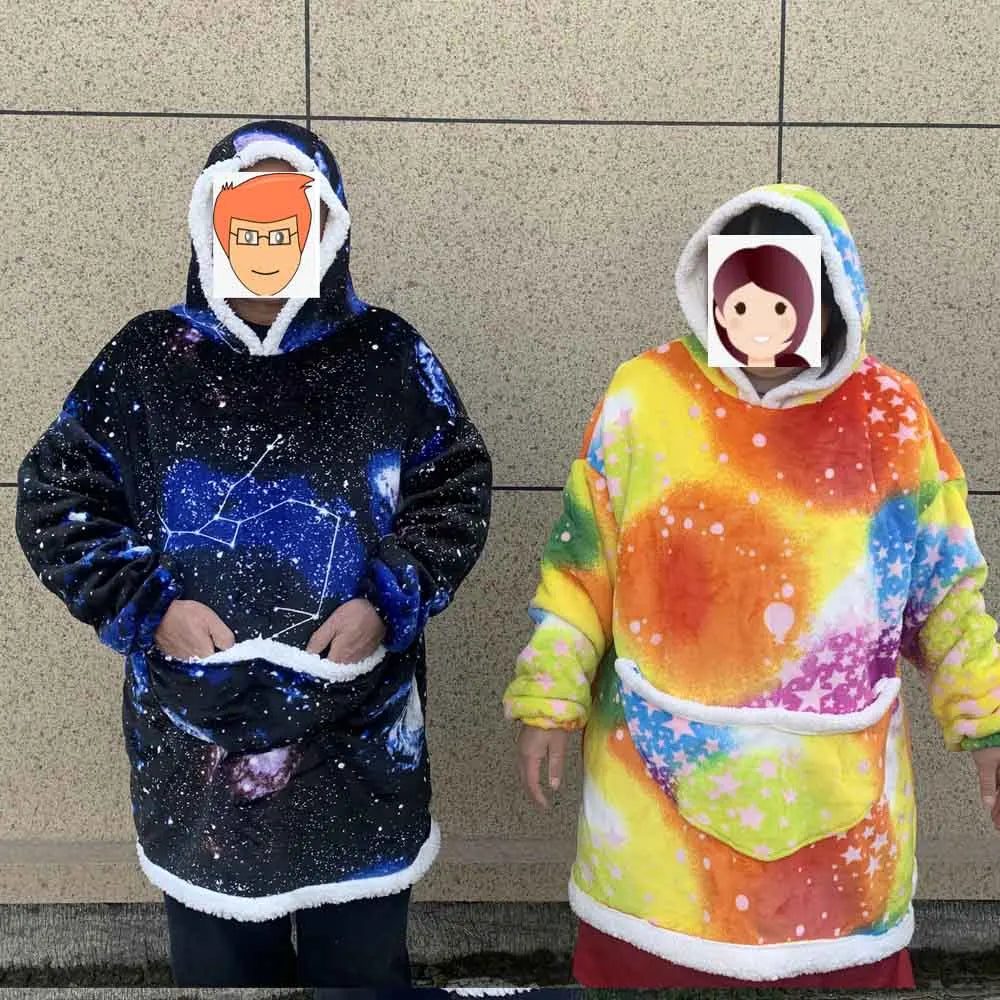 2024 Blue Animal Flannel Blanket with Sleeves Winter Hoodie Sweatshirt Women Men Fleece Giant TV Blanket Oversized for Couples