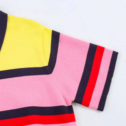 2026 New Dopamine Color Striped Polo Knit T-shirt Women Short Sleeve Lapel Knit Top Casual Daily Wear Outfits Summer Fashion