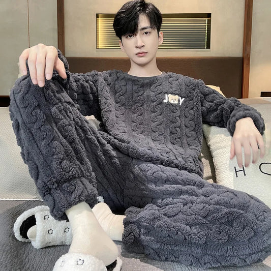 Autumn and Winter New Men's Coral Fleece Thermal Underwear Pajamas Homewear Suit Teenagers Thickened Facecloth Pajamas Homewear