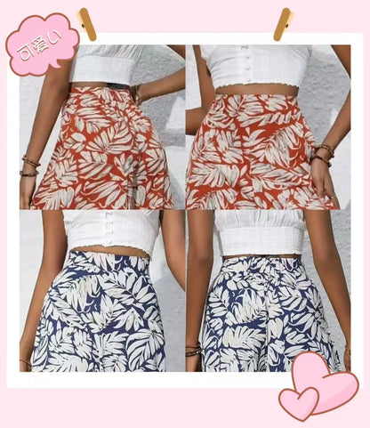 Women's Boho Tropical Leaf Print High Waist Wide Leg Pants Casual Loose Flared Trousers Elastic Waist Summer Beach Wear