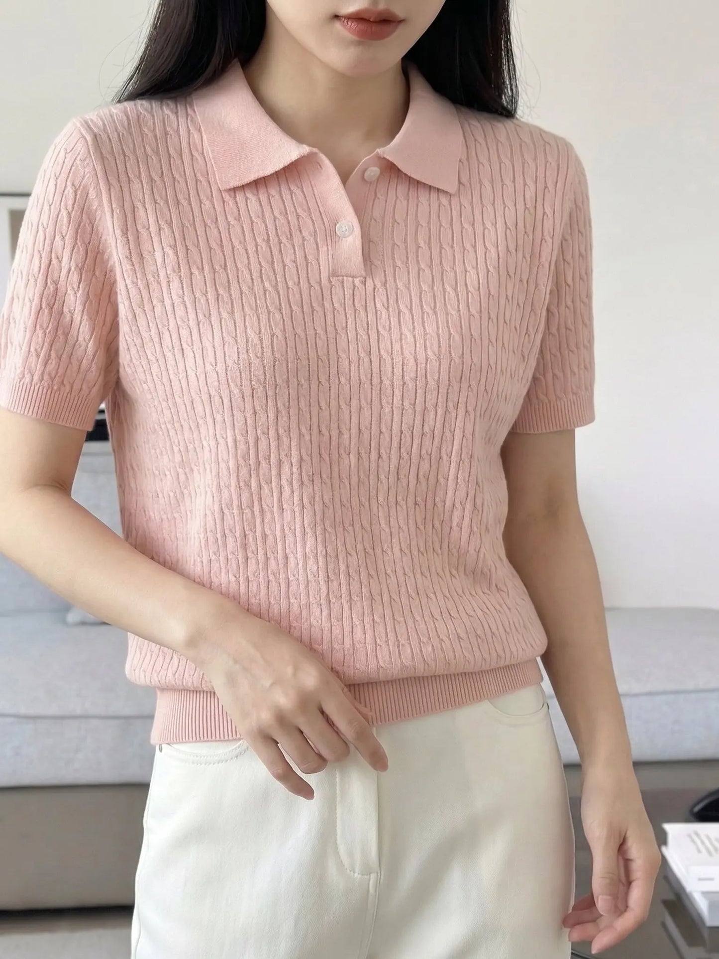Spring Summer Breathable Pure Cotton Polo Shirt Women's Half Sleeve Loose Knitted Top Casual Versatile Summer Wear A3032122