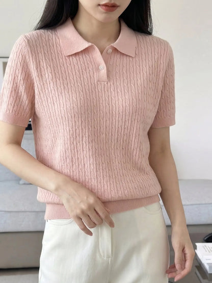 Spring Summer Breathable Pure Cotton Polo Shirt Women's Half Sleeve Loose Knitted Top Casual Versatile Summer Wear A3032122