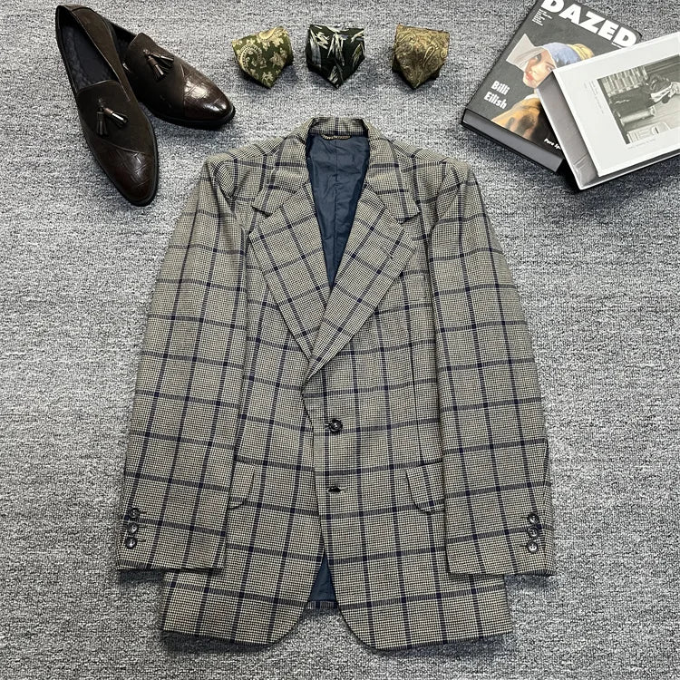 Vintage Unisex Woolen Suit Jacket Simple Casual Plaid Retro Style Warm Windproof Interview Commuting Business Casual Wear