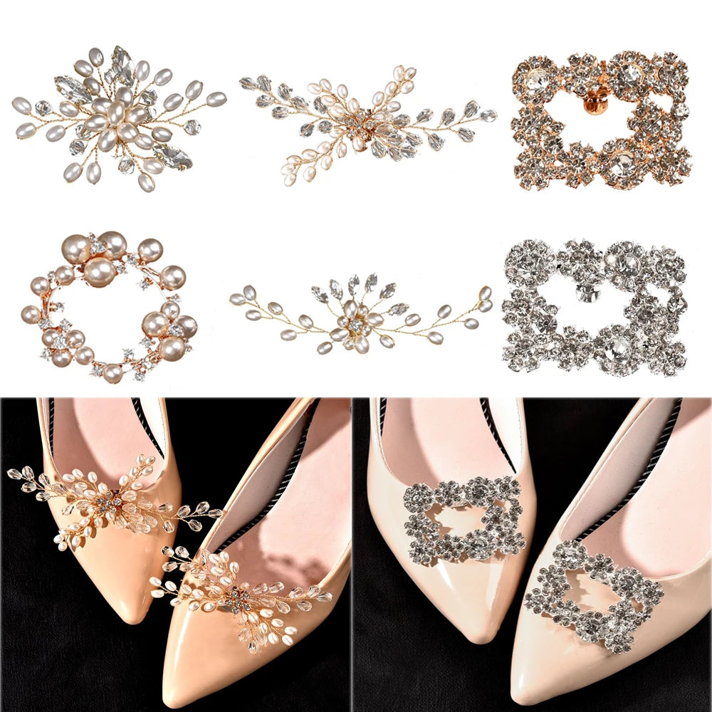 1Pair Wedding Shoes Decorations Pearl Shoes Clip High Heel Shiny Clips Charm Buckle Rhinestone Brooch Bride Pendant Accessories