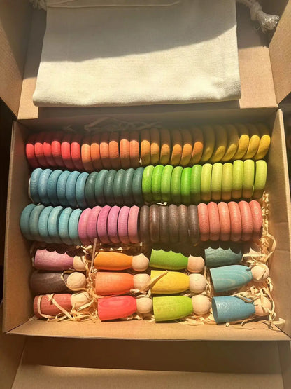 Kids Wooden Toys Beech Rainbow Coins and Rings Stacking Blocks with Peg Dolls Loose Parts