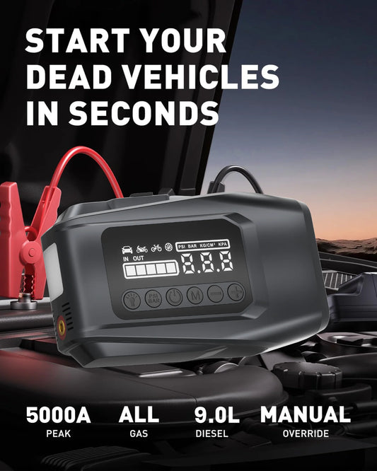 5-IN-1 Car Jump Starter with Air Pump Peak 5000A Auto Battery Booster 150PSI Air Compressor Portable Power Bank Tire Inflator